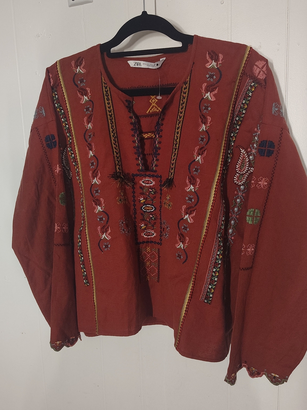 Zara Burnt Orange Embroidered Peasant Top